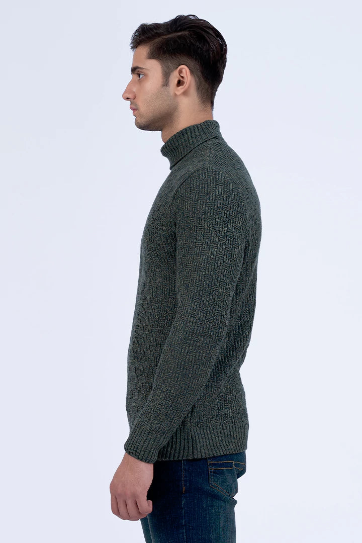 Green Turtleneck Ribbed Sweater