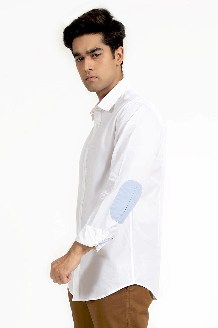 White Regular Fit Elbow Patches Casual Shirt