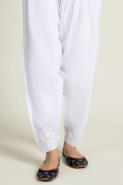 White Belted Embroidered Shalwar