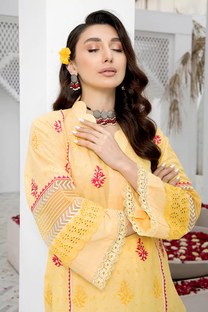 Yellow Contrast Embroidered Kurti
