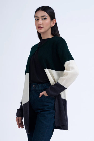 Round Neck Tri-Color Cardigan