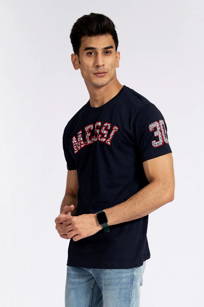 Dark Navy Round Neck Text T-Shirt