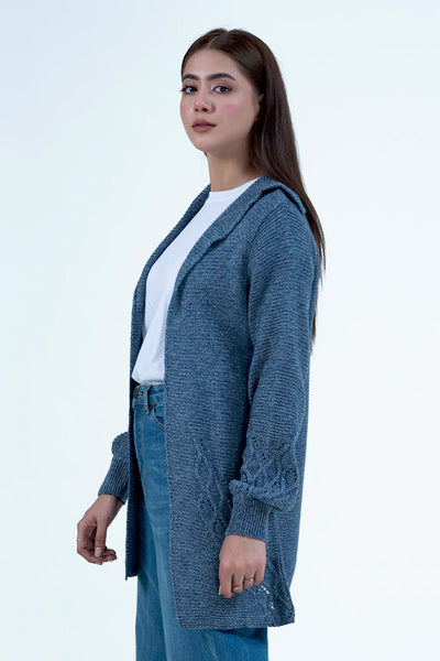 Knitted Front Open Blue Cardigan