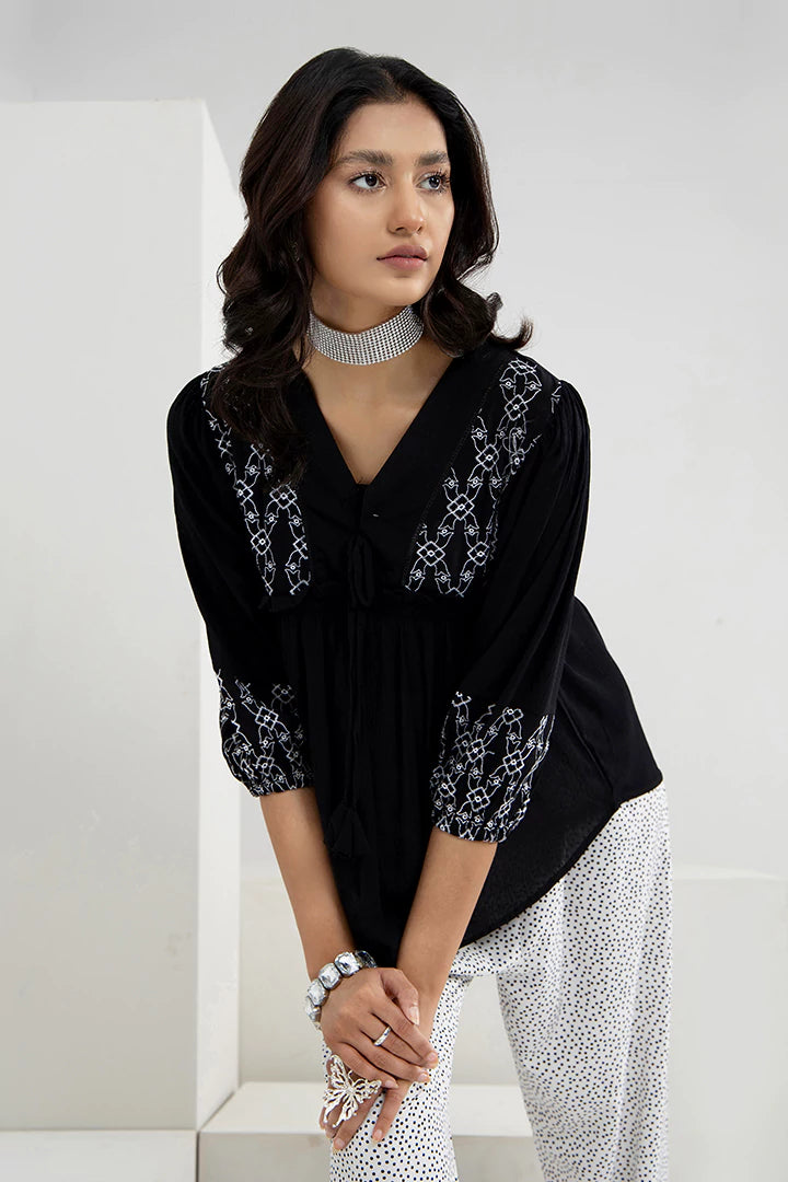 Black Frock-Style Embroidered Top