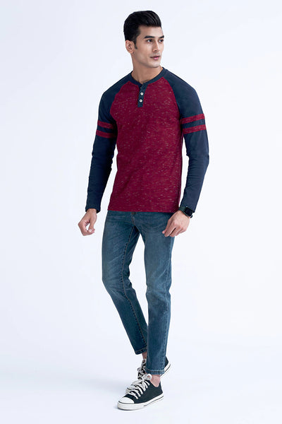 Wine Henley Full Sleeve T-Shirt