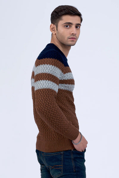 Brown Color Block Jacquard Sweater