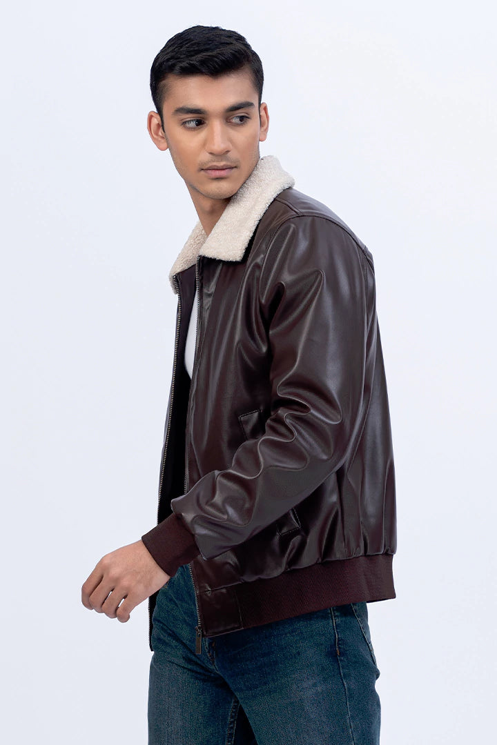 Sherpa Collar Coffee Faux Leather Jacket