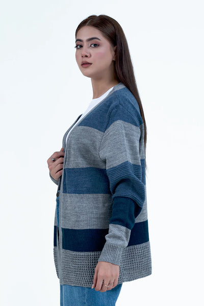 Grey Bold Striped Cardigan Sweater