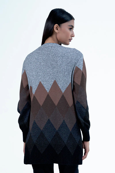 Grey Contrast Argyle Pattern Cardigan