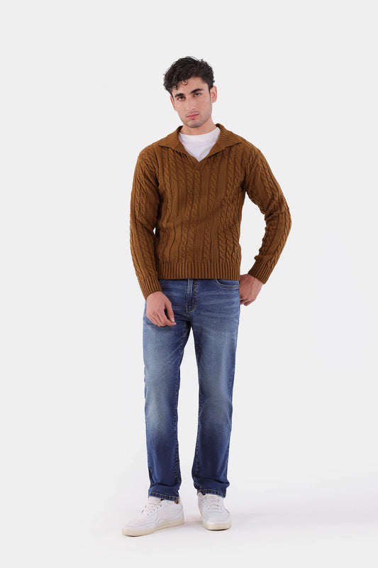 Cable Knit Open Collar Sweater