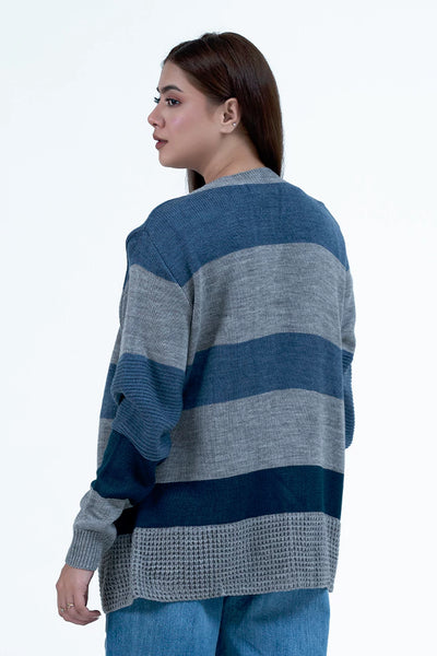 Grey Bold Striped Cardigan Sweater
