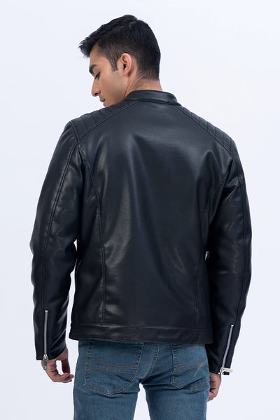 Black Pleated Shoulder Faux Leather Jacket