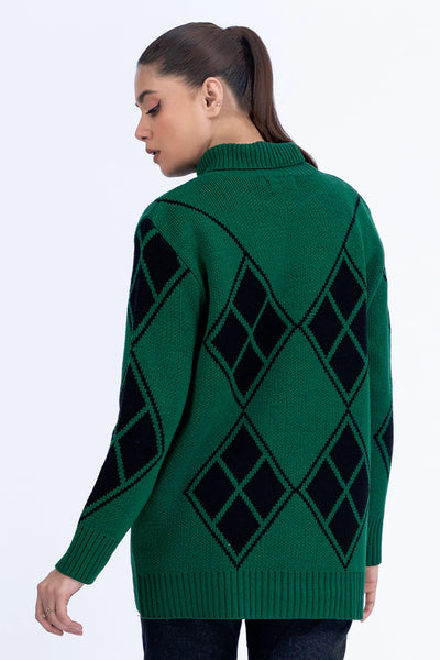Green Diamond Pattern High Neck Sweater