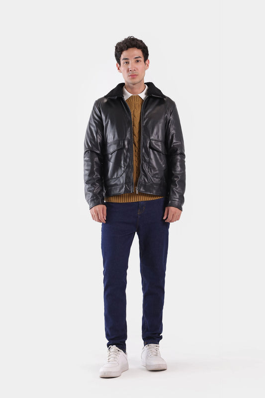 Sherpa Collar Faux Leather Jacket - Cougar Clothing