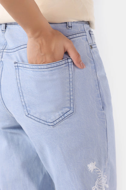 Straight Wide Leg Embriodered Jeans - Cougar Clothing