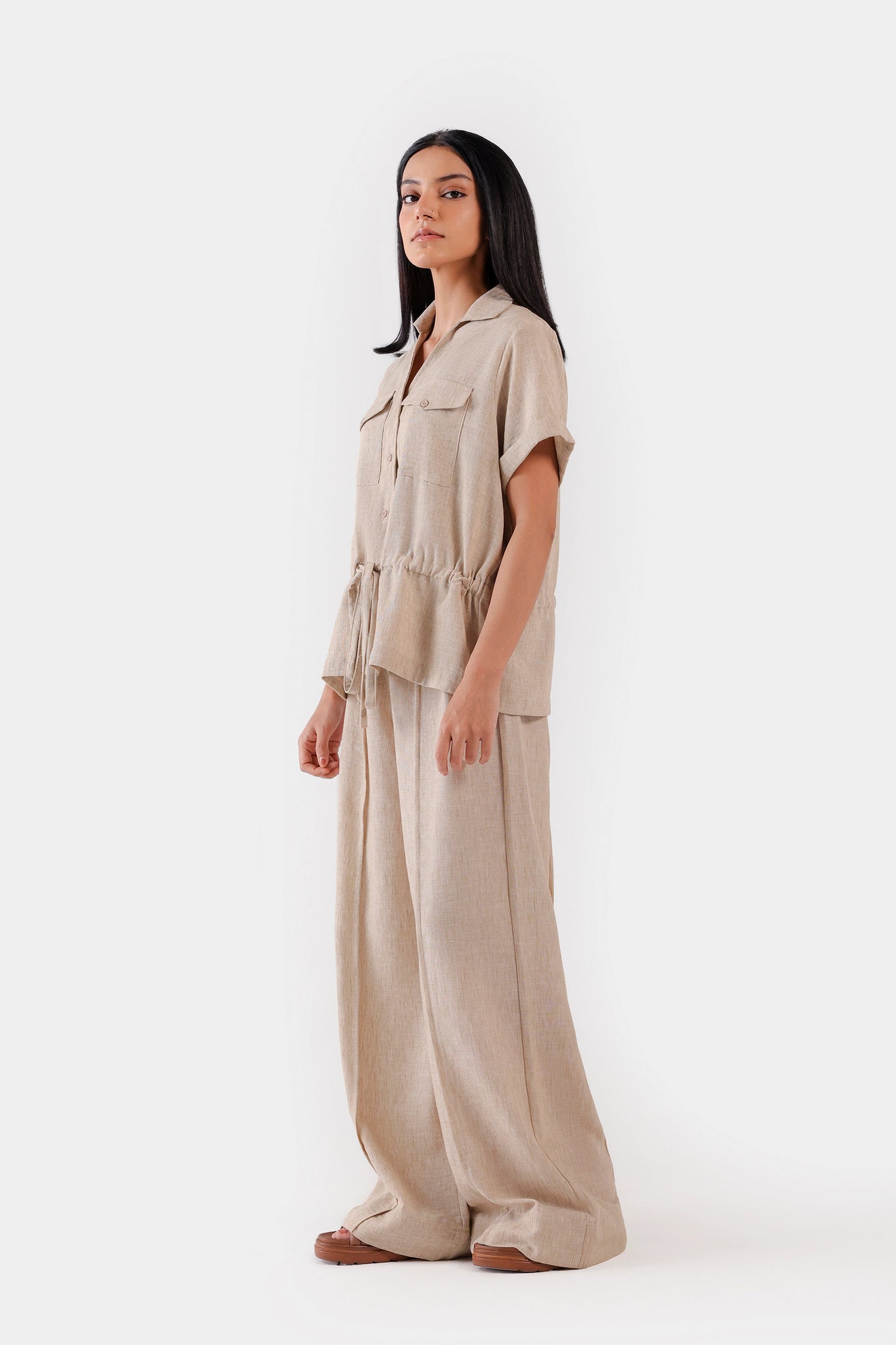 Drawstring Waist Textured Shirt - Cougar Clothing