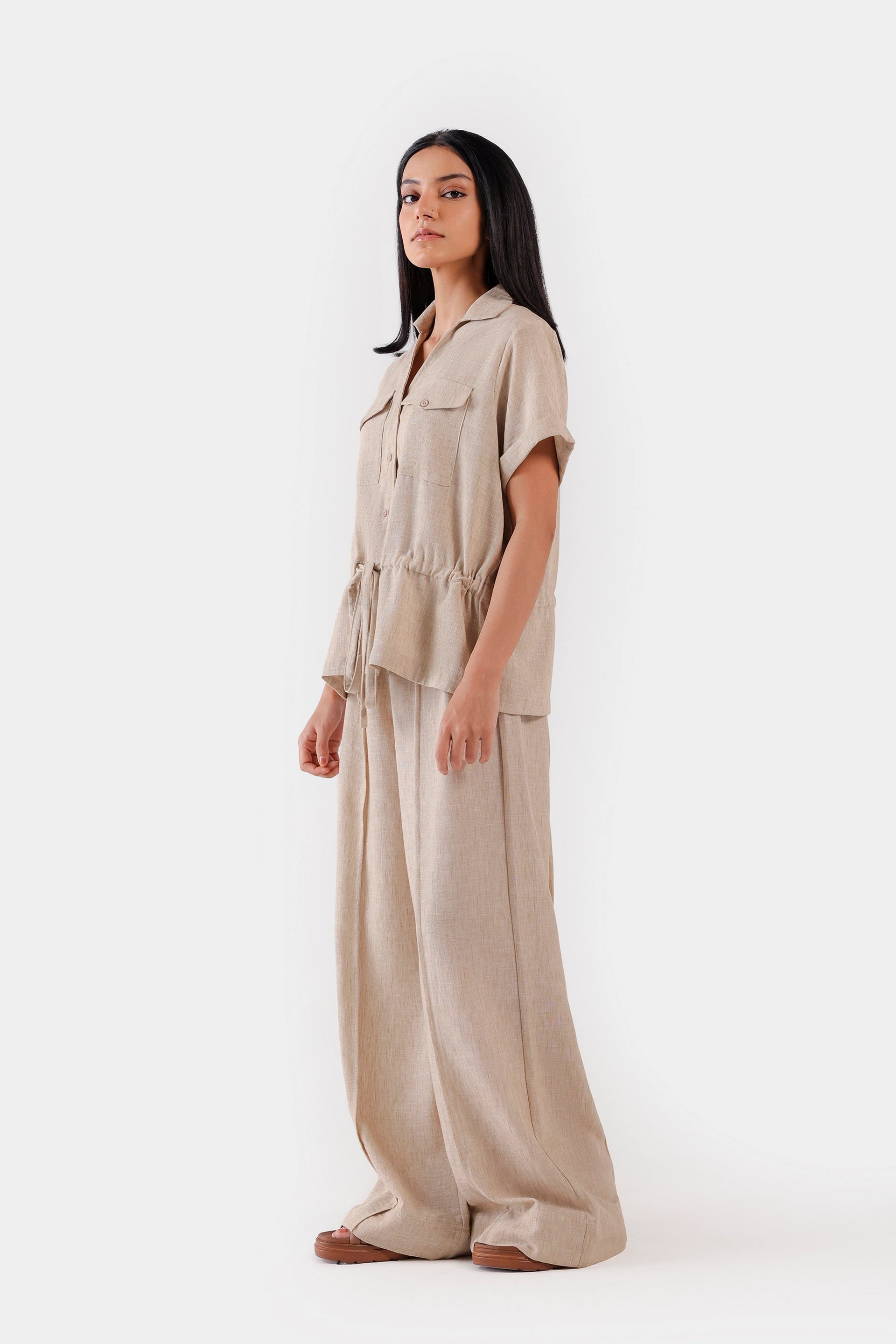 Drawstring Waist Textured Shirt - Cougar Clothing