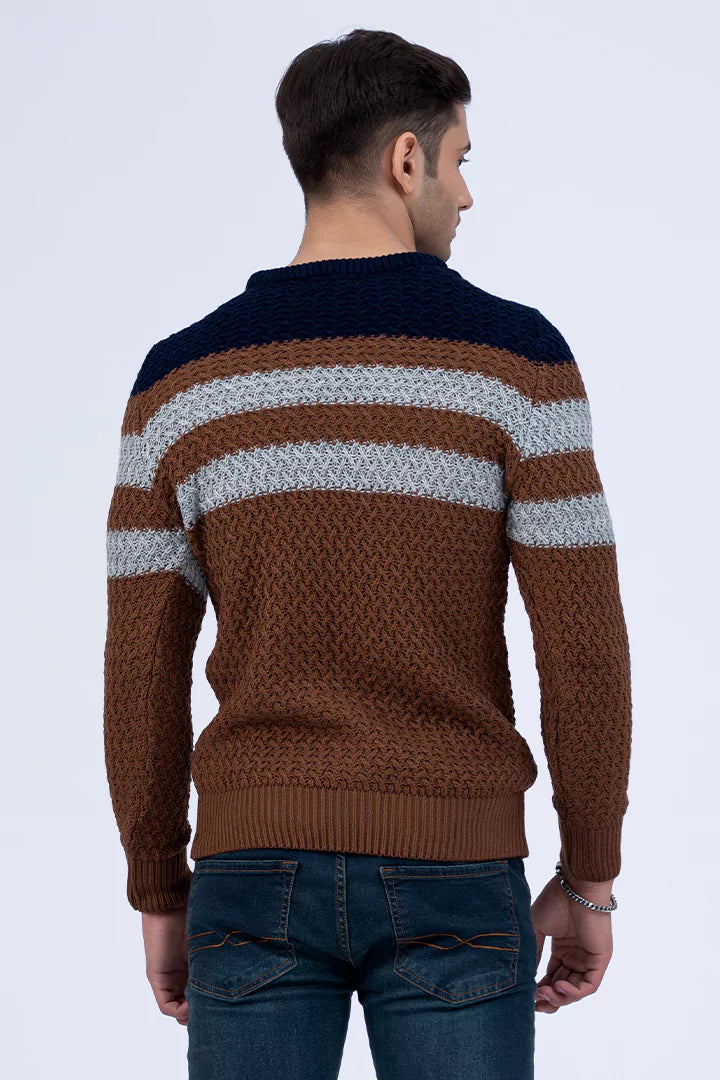 Brown Color Block Jacquard Sweater