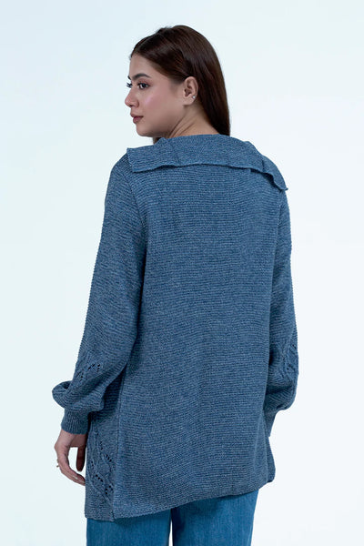 Knitted Front Open Blue Cardigan