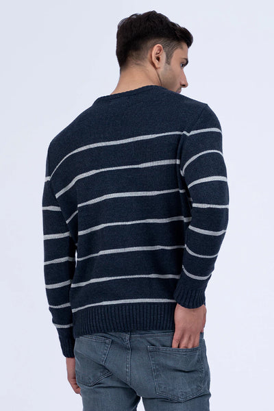Ribbed Neck Contrast Striped Sweater