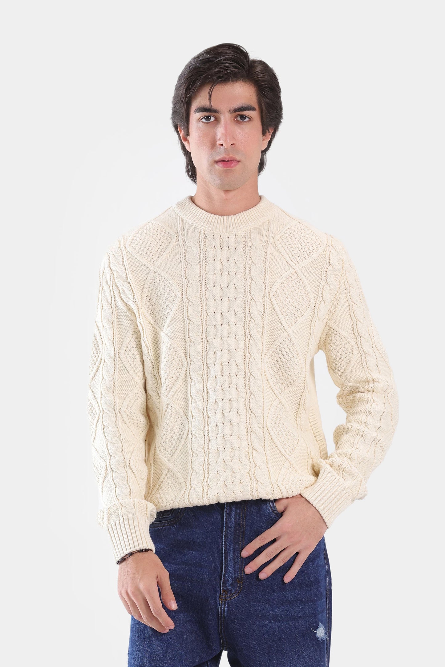 Cable Knit Crew Neck Sweater - Cougar Clothing