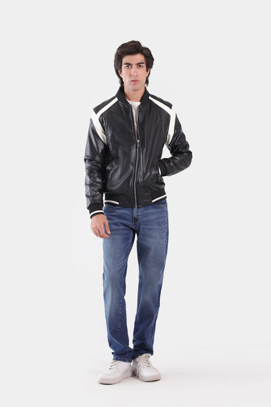 Faux Leather Jacket With Contrast Panel - Cougar Clothing