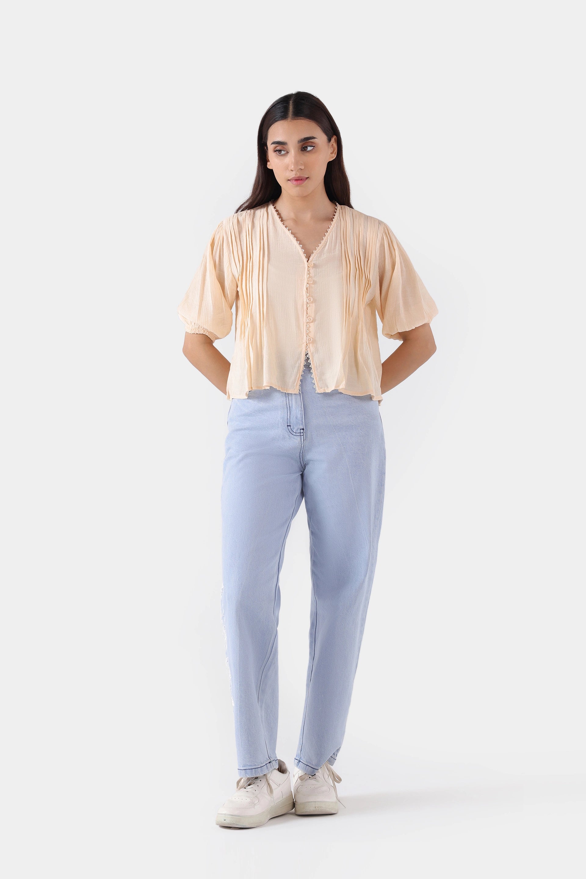 Pleated Lace Trim Top - Cougar Clothing