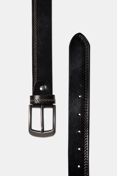 Black Contrast Double Stitch Leather Belt
