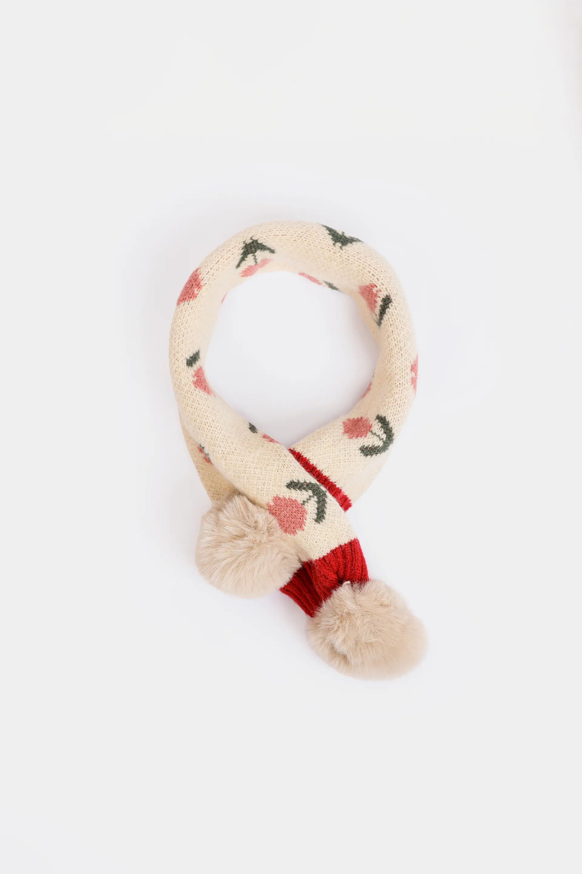 Floral Knit Pompom Cross Scarf - Cougar Clothing