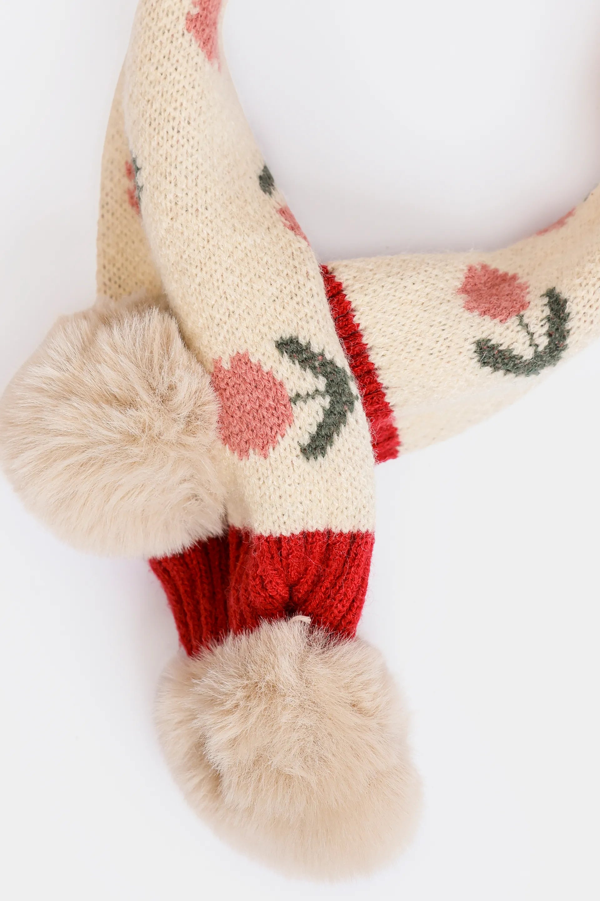 Floral Knit Pompom Cross Scarf - Cougar Clothing