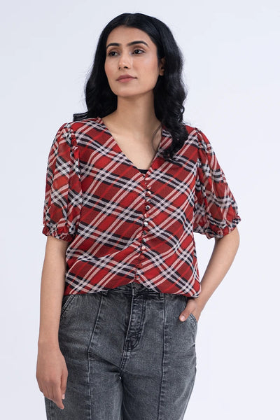 Red Checkered Printed Top