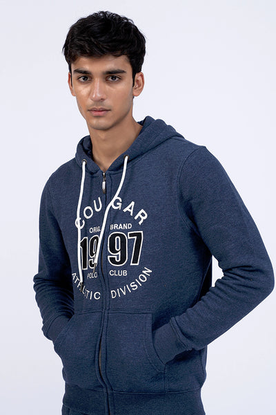 Blue Melange Graphic Zipper Hoodie