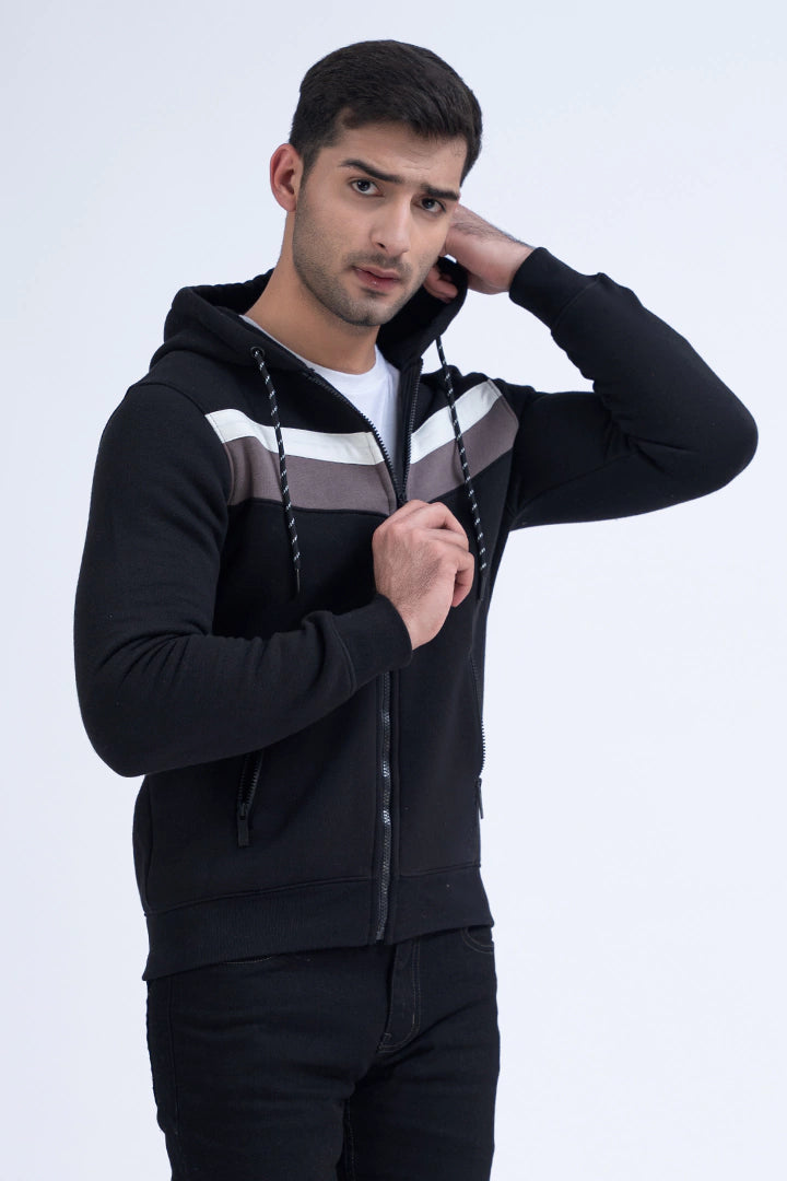 Black Contrast Striped Zipper Hoodie