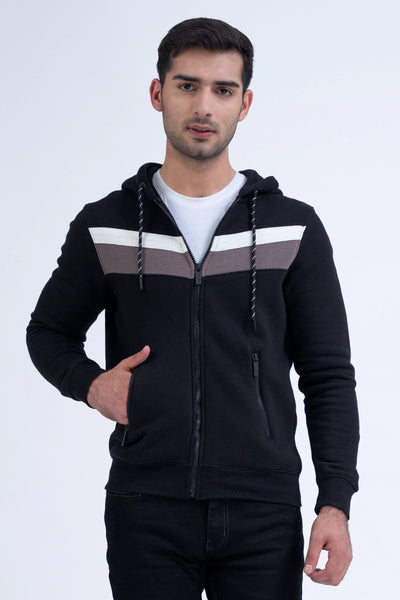 Black Contrast Striped Zipper Hoodie