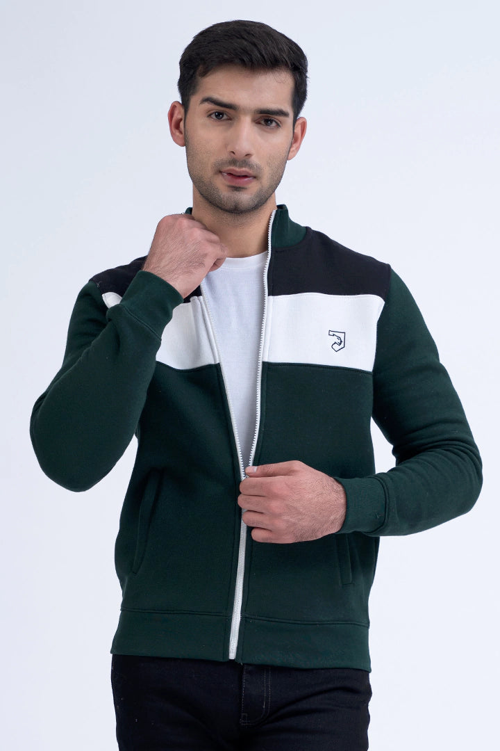 Green Color Block Fleece Jacket