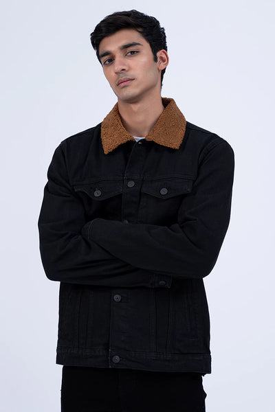 Sherpa Collar Black Denim Jacket