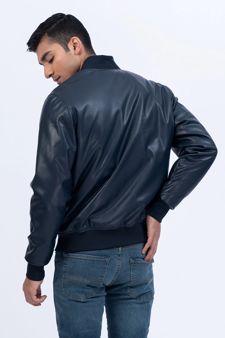 Navy Faux Leather Jacket