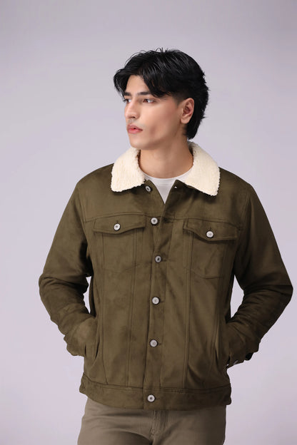 Suede Shearling Button Down Jacket