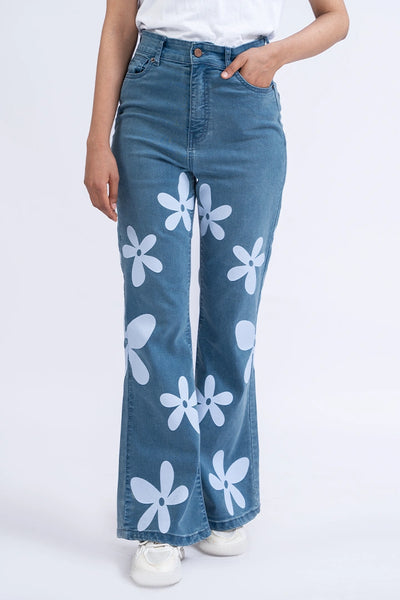 Floral Printed High Rise Boot Cut Jeans