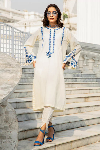 Cream White Floral Embroidered Kurti