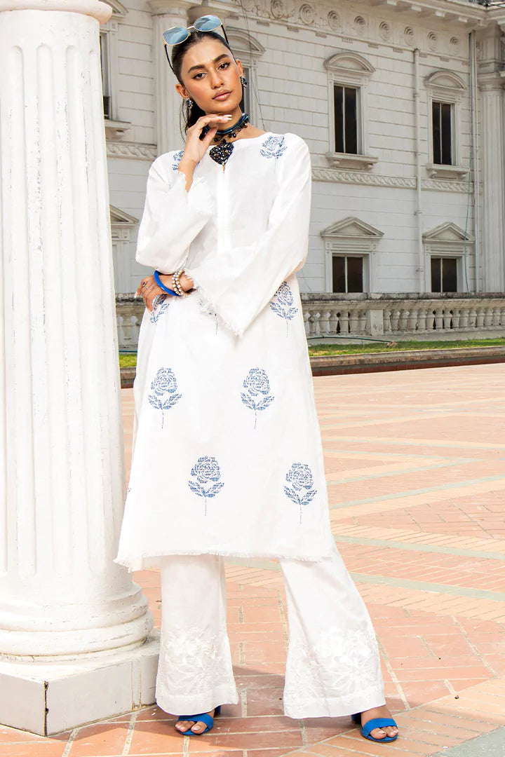 White Kurti With Blue Screen-Printed Flowers