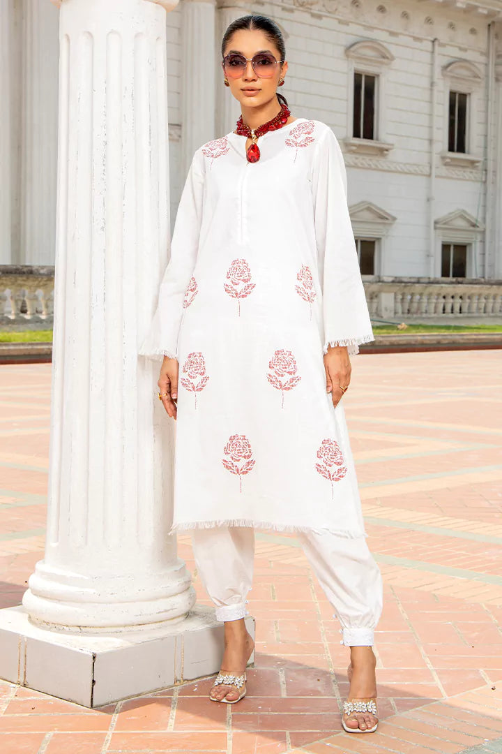 White Kurti With Red Screen-Printed Flowers