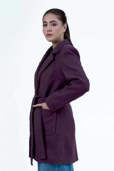 Magenta Belted Tweed Coat