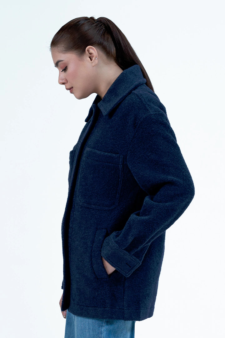 Navy Patch Pockets Wool Coat