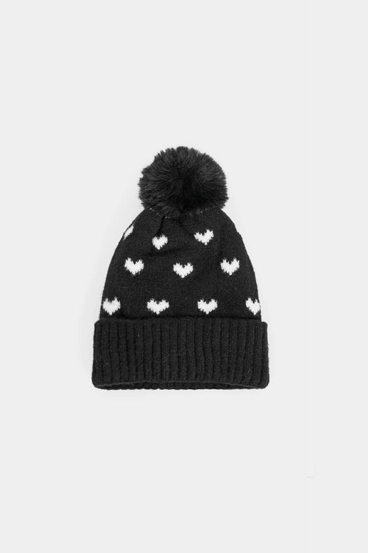 Heart Pattern Pom-Pom Beanie - Cougar Clothing