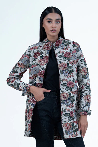 Ash White Ban Collar Jacquard Jacket