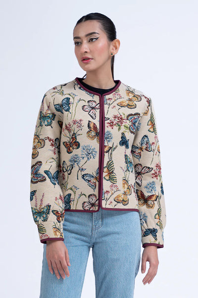 Multi Collarless Jacquard Cropped Jacket