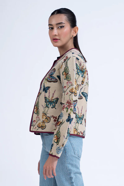 Multi Collarless Jacquard Cropped Jacket