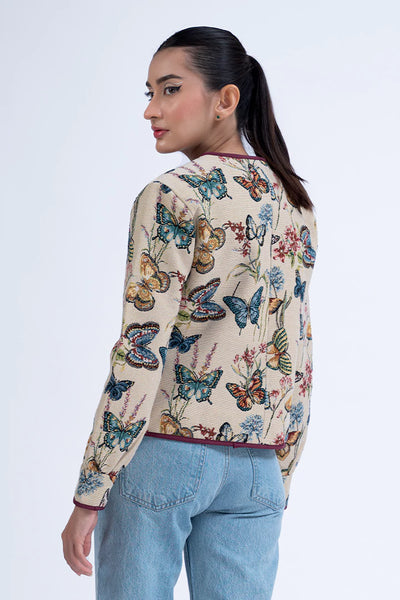 Multi Collarless Jacquard Cropped Jacket