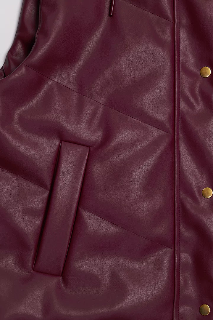 Maroon Hooded Faux Leather Gilet Jacket